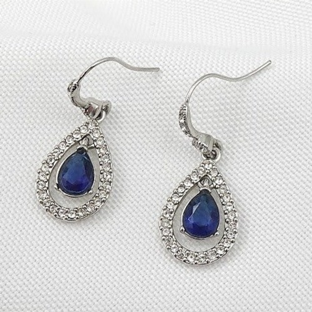 Vintage Carolee Dangle Earrings Sapphire Blue Crystal Teardrop Pave Silver Tone